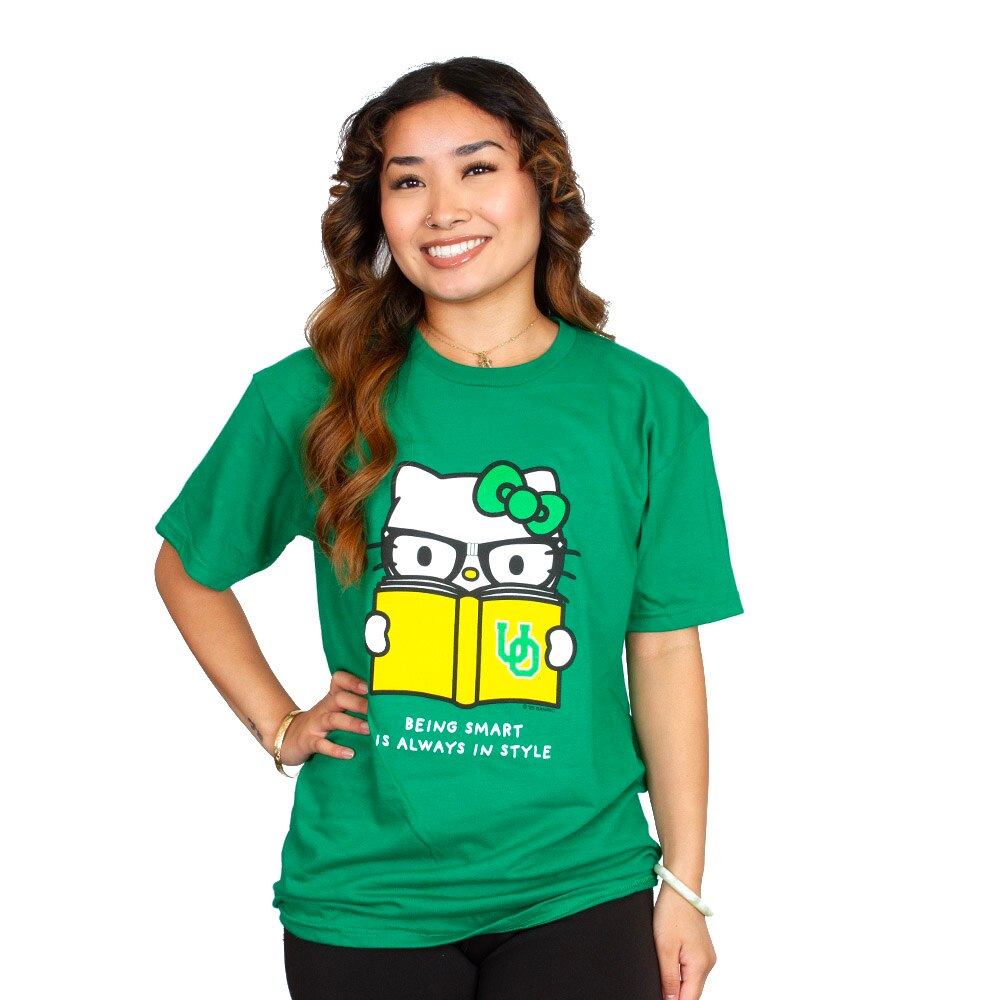 Interlocking UO, Blue 84, Green, Crew Neck, Cotton, Women, Hello Kitty, Being Smart, T-Shirt, 964223